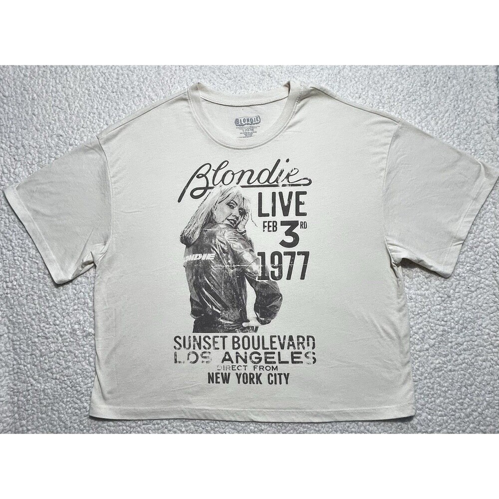 Blondie Band Cropped Graphic T-Shirt Girls Youth Size L 12-14 Cream 1977 Concert